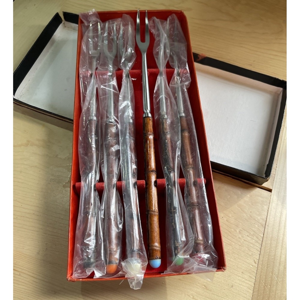 Vintage Fondue Forks 6‎ Piece Bamboo Handles Stainless Japan Made Collectibles